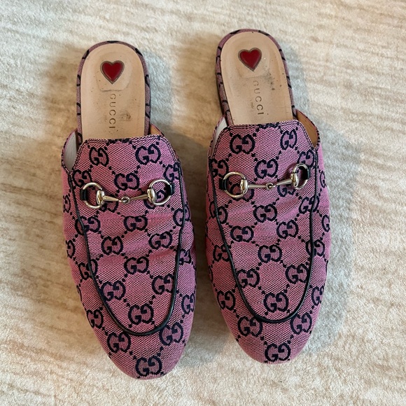 Gucci Princeton open back slides Canvas Horsebit Loafers Mules used sz 41 - Picture 2 of 3